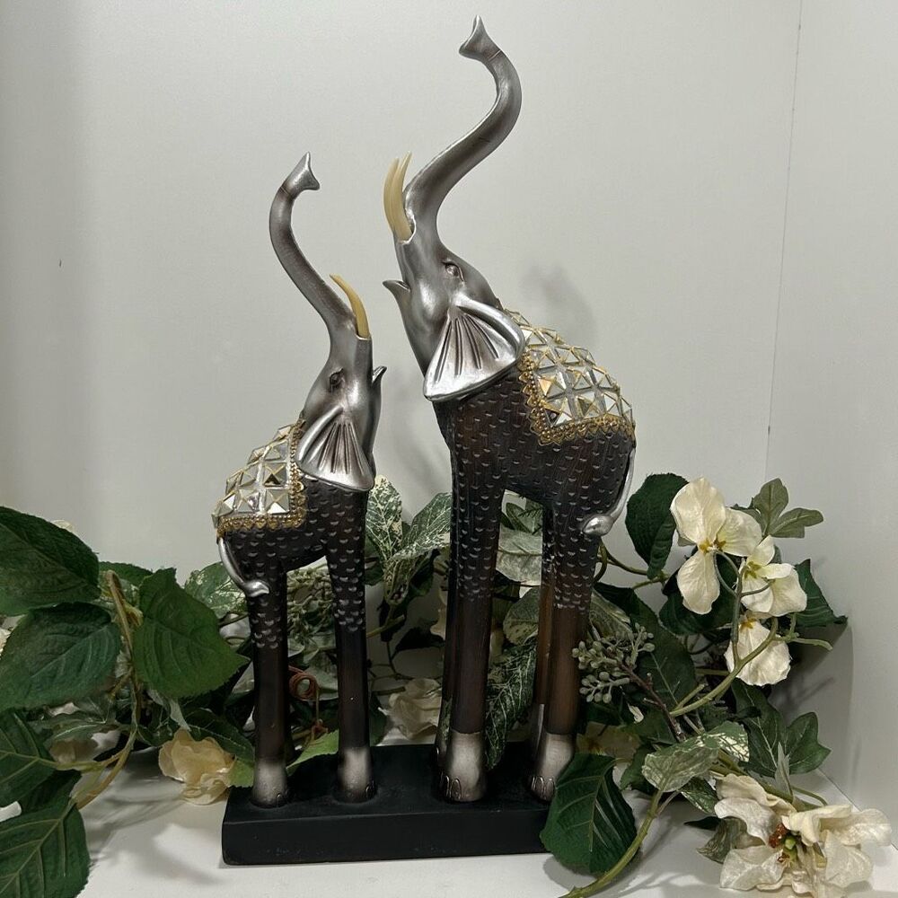 Vintage Mother & Baby Elephant Statue 17"x 7.5" Silver Gold-tone Metal & Wood